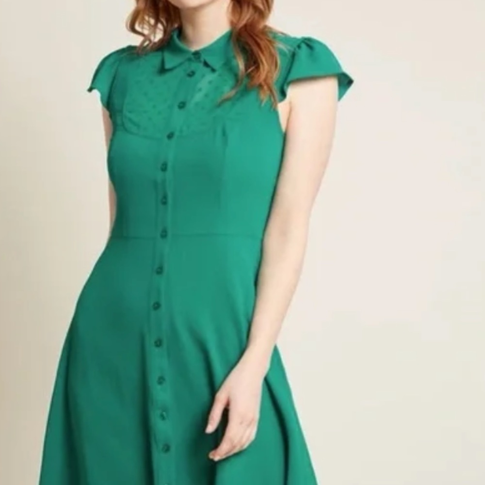ModCloth Size M Green Shirt Dress Dapper Dance I’m Jade Button Down Collar Med.
